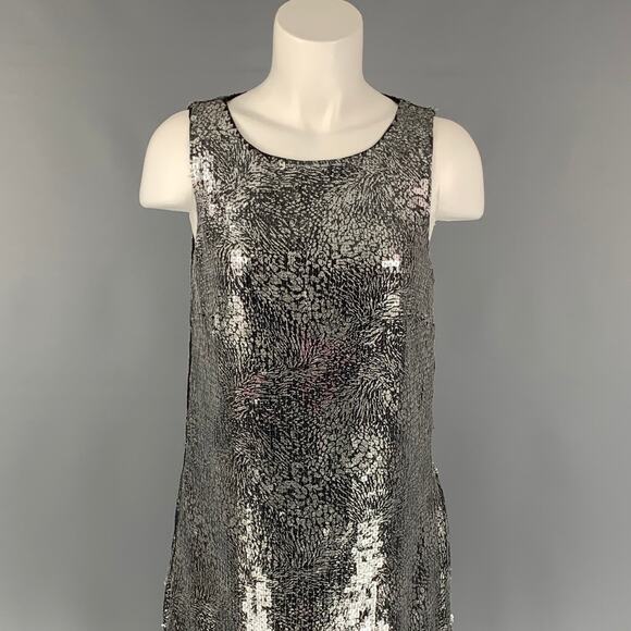 BADGLEY MISCHKA S Silver & Black Polyester Sequined Ostrich Feathers Dress - Picture 2 of 6